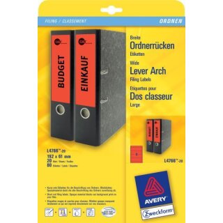 Ordneretiketten Inkjet,Laser s/w + Farbe, permanent, kurz/breit, rot, 61 x 192 mm, 1 Packung = 20 Blatt = 80 Stück