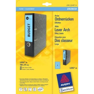 Ordneretiketten bedruckbar, permanent, kurz/breit, blau, 61x192 mm, 1 Packung =20 Blatt = 80 Stück
