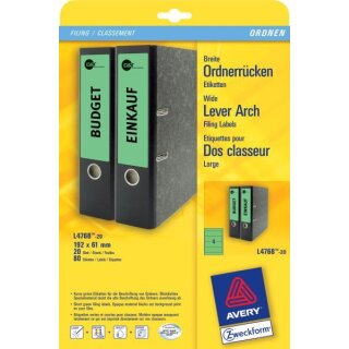 Ordneretiketten Inkjet,Laser s/w + Farbe, permanent, kurz/breit, grün, 61 x 192 mm, 1 Packung = 20 Blatt = 80 Stück