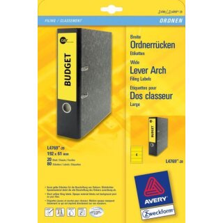 Ordneretiketten Inkjet,Laser s/w + Farbe, permanent, kurz/breit, gelb, 61 x 192 mm, 1 Packung = 20 Blatt = 80 Stück