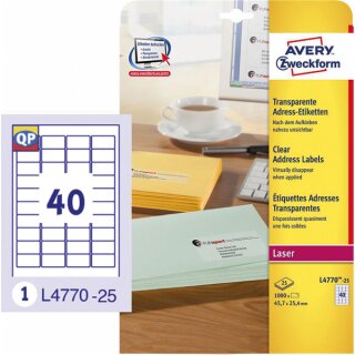 Polyester-Etiketten, transparent, für Farblaser / Laser (s/w), permanent, 45,7 x 25,4 mm, 1 Pack = 25 Blatt = 1000 Stück