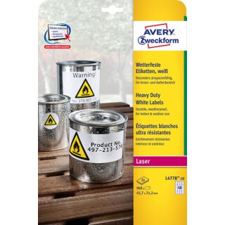 Wetterfeste Folienetiketten, 45,7 x 21,2 mm, matt,permanent, weiß, bedruckbar, 1 Packung = 20 Blatt  = 960 Etiketten