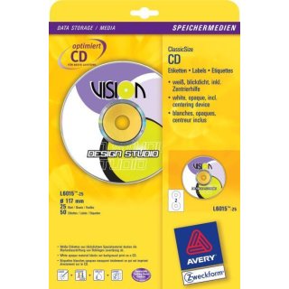 Inkjet ClassicSize CD-Etiketten, Ø117mm, weiß,  permanent, mit Zentrierhilfe, 50 Etiketten = 25 Blatt