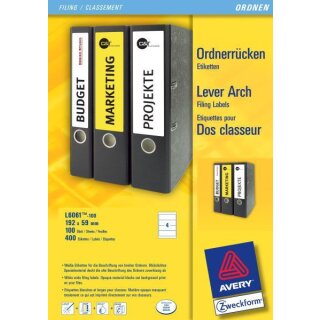 Ordneretiketten Inkjet,Laser s/w + Farbe, permanent, kurz/breit, weiß, 192 x 59 mm, 1 Packung = 100 Blatt = 400 Stück
