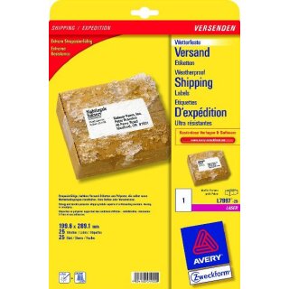 Wetterfeste Versandetiketten, 199,6 x 289,1 mm, weiß, aus Polyester  1 Packung = 25 Blatt = 25 Stück