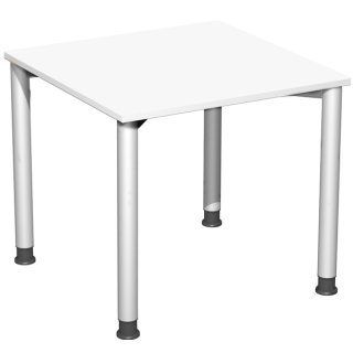 Schreibtisch, 4-Fuß-Flex, B x T: 800 x 800 mm, höhenverstellbar, 680 x 800 mm, Tischplatte: 25 mm, weiß/silber