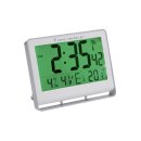 Tischuhr, silber, 20x15x3 cm, LCD-Funkuhr, mit Uhrzeit, Datum, Wochentag, Temperatur Anzeige und Alarmfunktion
