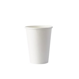 Weißer Trinkbecher für Heißgetränke aus Pappe mit PE-Beschichtung. Maximale Gebrauchstemperatur 90 °C. Füllinhalt: 0,18 Liter.