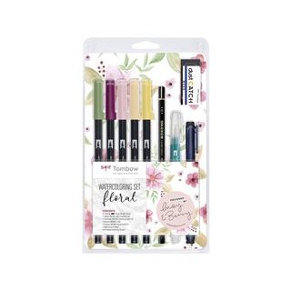 Watercoloring Set, Floral, 5 farbige Brush Pens, 1 Wassertankpinsel, 1 Fineliner, 1 Bleistift + Radierer, 1 Blending Palette