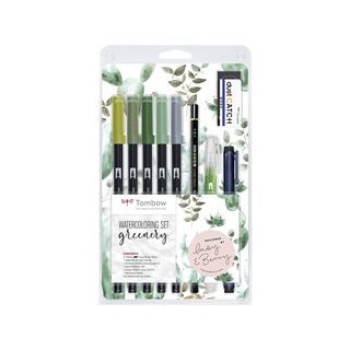 Watercoloring Set, Greenery, 5 farbige Brush Pens, 1 Wassertankpinsel, 1 Fineliner, 1 Bleistift + Radierer, 1 Blending Palette