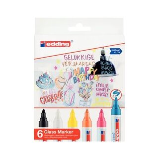 Glasboardmarker 95, 6er Set, 1,5 - 3 mm, Rundspitze, trocken abwischbar, Farben: weiß, gelb, pink, hellblau, schwarz, orange