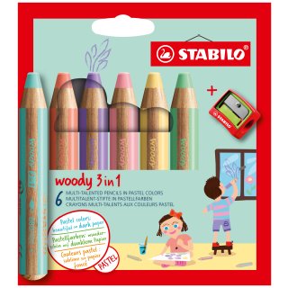 Stabilo woody 3 in 1, Pastellfarben im 6er Etui, Multitalent-Stift Buntstift, Wassermalfarbe und Wachsmalkreide in einem