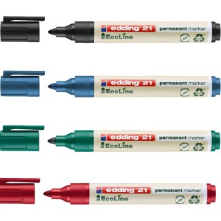 Edding 21 Permanentmarker Rundspitze 1,5-3mm in schwarz, blau, rot und grün nachfüllbar mit edding T 25