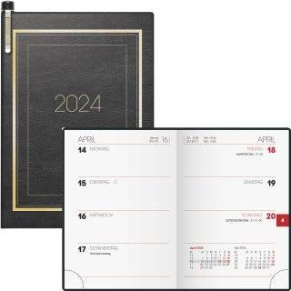 Taschenkalender 2024 7,2 x 10,2cm, Einband schwarz, 2 Seiten = 1 Woche, mit Kugelschreiber