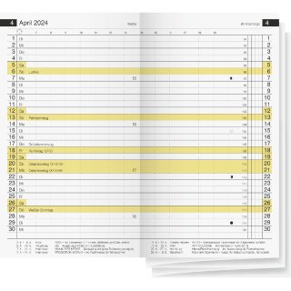 Plankalender Miniplaner Kalender-Einlage d15, 2 Seiten = 1 Monat, 8,7 x 15,3 cm, Druck: grau/gelb, 100g/qm, von 7 - 19 Uhr, Dezember Vorjahr bis März Folgejahr, Kalendarium 15-tlg., Jahresübersicht aktuelles Jahr und Folgejahr