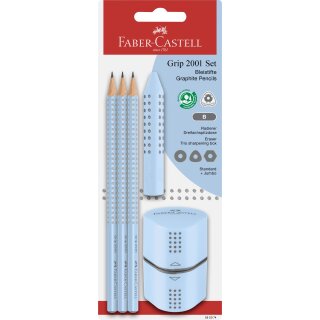 Faber-Castell GRIP 2001 Bleistift HB Dreikant mit Grip-Zone inkl. Spitzer und Radierer sky blue