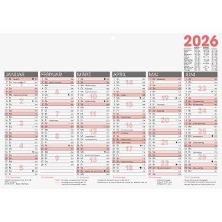 Tafelkalender 2026 DIN A4 quer 1 Seite = 6 Monate