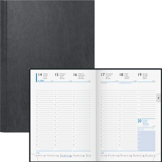 Buchkalender, 2 Seiten = 1 Woche Miradur-Einband 128 Seiten, 7 - 20 Uhr schwarz