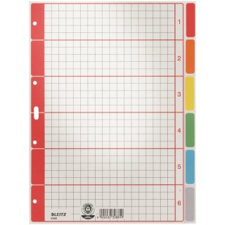Kartonregister DIN A4, 6tlg., blanko, Rasterdruck auf erstem Blatt, 230g/qm, Karton, farbig, 4-fach Lochung