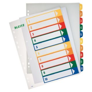 Kunststoffregister DIN A4, 10tlg., 1 - 10, Überbreite, 300 my, PP, farbig, Universallochung