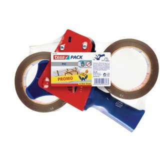 Packband-Abroller inkl. 2 Rollen tesapack® PVC, 66 m x 50 mm, extrem reißfest, rot/blau