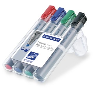 Lumocolor Flipchart marker, Keilspitze 2-5 mm, blau, schwarz, rot, grün, VE = 1 Etui a 4 Stifte