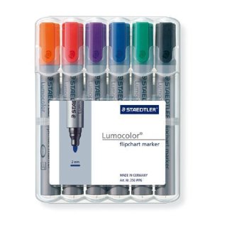 Lumocolor Flipchart marker, Rundspitze 2 mm blau, schwarz, rot, grün, orange, violett, VE = 1 Etui a 6 Stifte